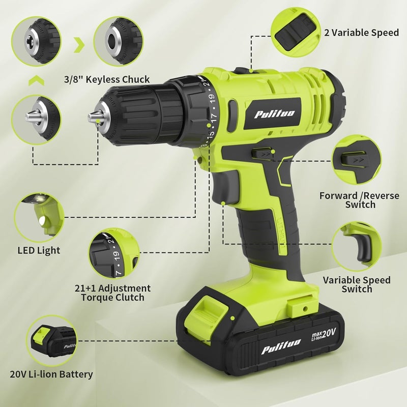 PULITUO 'S 20V Cordless Drill/Driver, Electric Screwdriver - 2 Batteries, 30Nm, 21+1 Torque, 2 Speed, Keyless 3/8" Chase Drill with LED Light, Kit for Home (Green) - Image 3